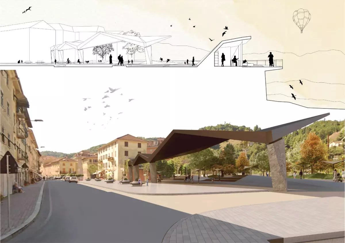 Progetto architettonico per la piazza di Masone (GE) con copertura moderna e alberature, sezione a scala urbana nella parte superiore e un rendering con fotoinserimento nella parte inferiore.