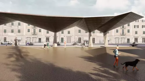 Rendering della nuova piazza di Masone con una grande tettoia metallica e spazi aperti per la comunità.