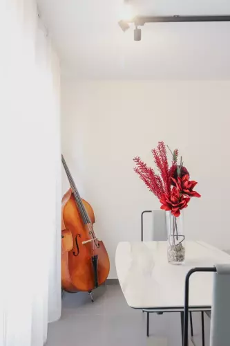 Una sala da pranzo moderna e ben illuminata con un tavolo con piano in marmo e sedie con cornice nera. Un vaso di vetro, pieno di fiori e fogliame rosso vivo, è posizionato sul tavolo. Un contrabbasso è posizionato contro la parete bianca nell'angolo vicino a tende trasparenti.